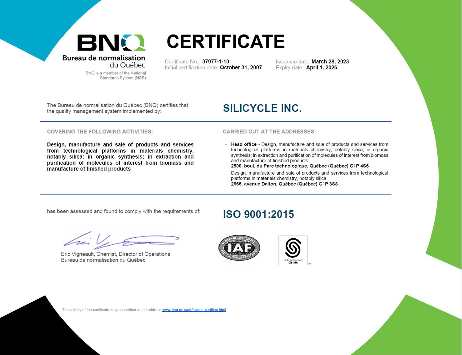 SiliCycle is registered to the ISO 9001:2015 standard of quality